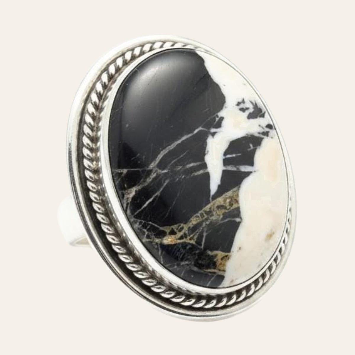 White Buffalo Statement Ring in Navajo Sterling Silver, by P. Yazzie, Size 8, shown on a cream background