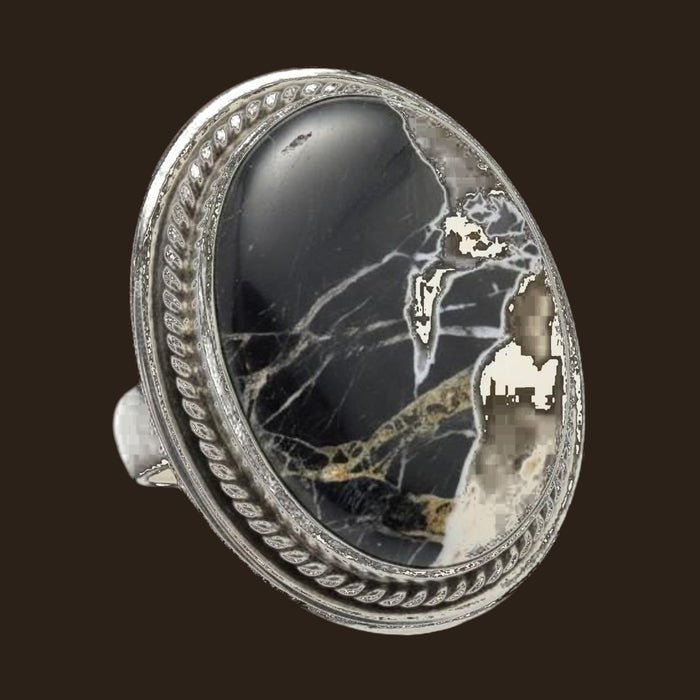 White Buffalo Statement Ring in Navajo Sterling Silver, by P. Yazzie, Size 8, shown on an espresso background