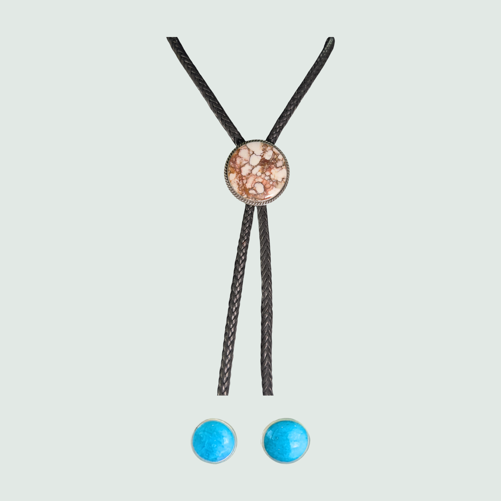Wild horse bolo tie and turquoise stud earrings jewelry set in sterling silver, shown on a sage mist background