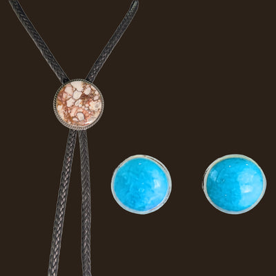 Wild Horse Bolo Tie and Turquoise Stud Earrings Set in Sterling Silver, shown on an espresso background