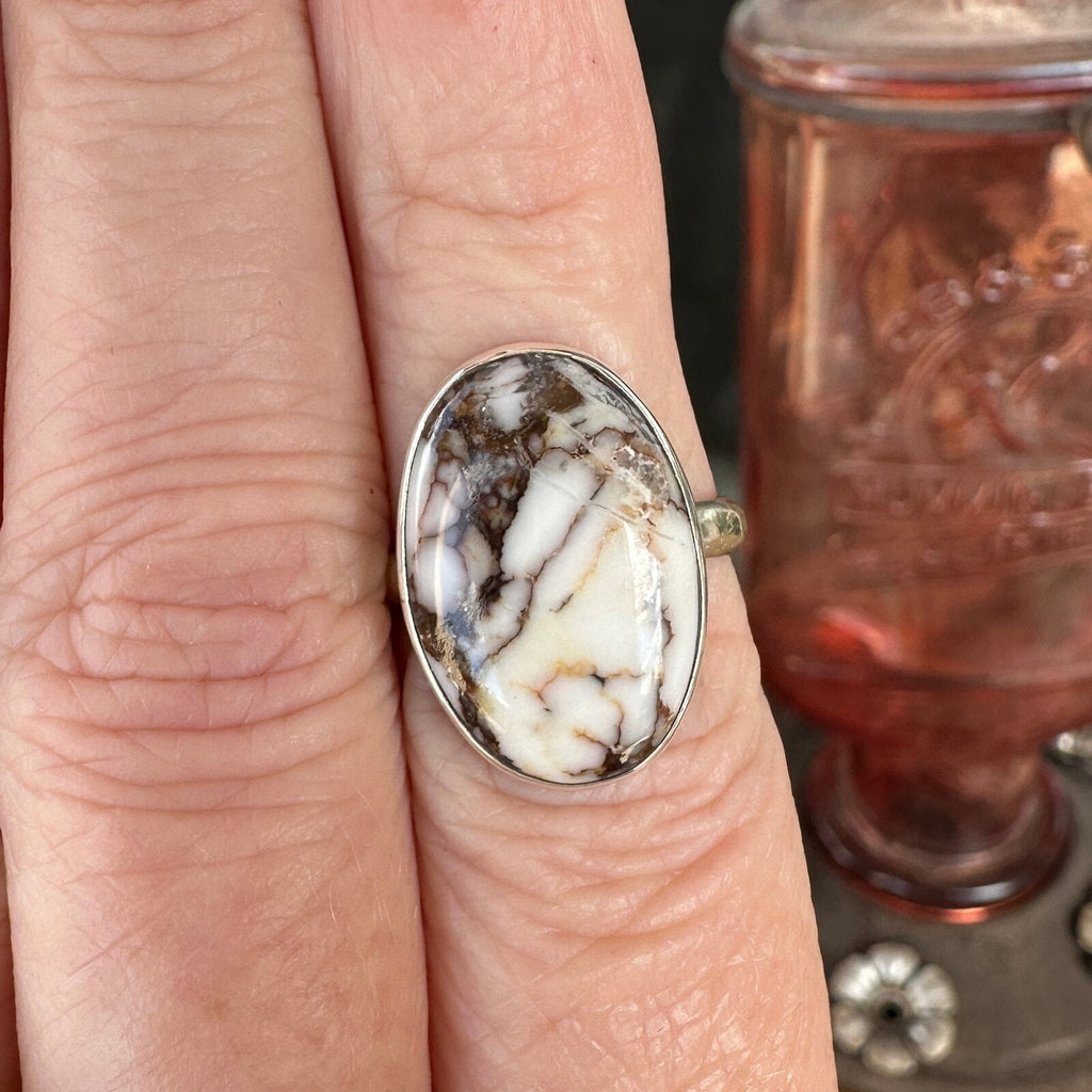 Wild Horse stone ring in sterling silver worn on a finger, size 7