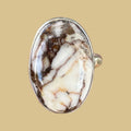 Wild Horse stone ring in sterling silver, close-up of the cream and rust oval magnesite cabochon