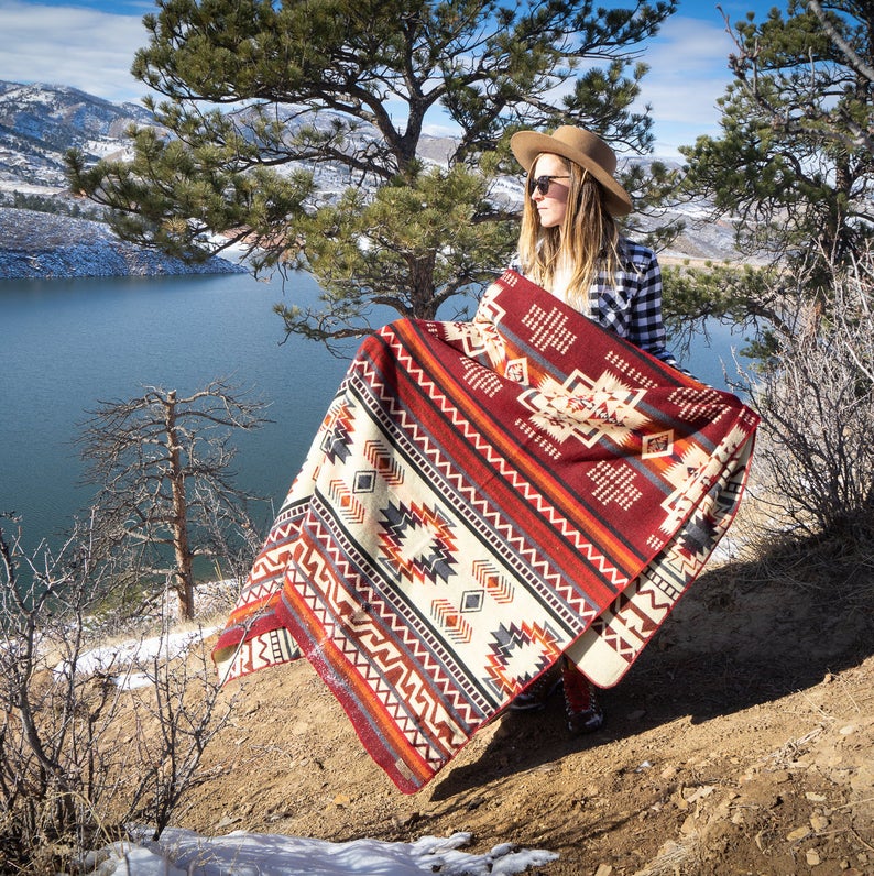 Brick red, coral and grey diamond alpaca blanket, view 9