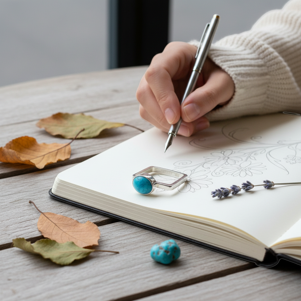 Wildflower Artisans BALAAM square sterling silver ring with a turquoise cabochon resting on a sketchbook