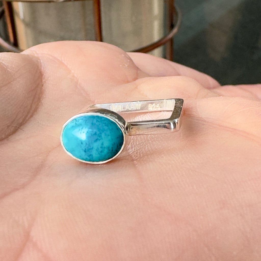 Wildflower Artisans BALAAM square sterling silver band ring featuring an oval sky blue turquoise cabochon stone.