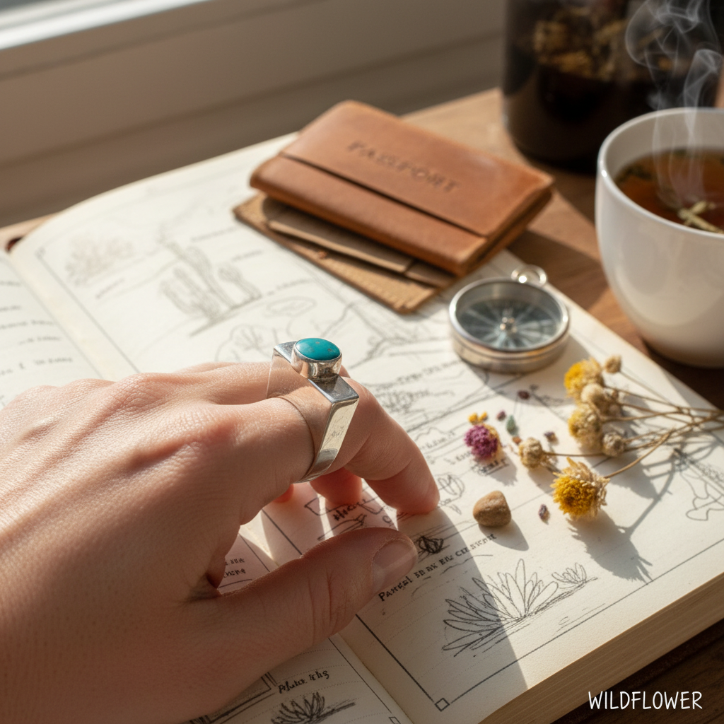 Wildflower Artisans BALAAM sterling silver ring with an oval teal turquoise stone on a hand over an open journal.
