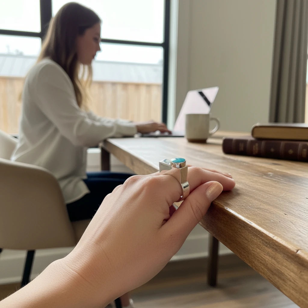 Wildflower Artisans BALAAM sterling silver ring with an oval teal turquoise stone on a woman's hand at a desk