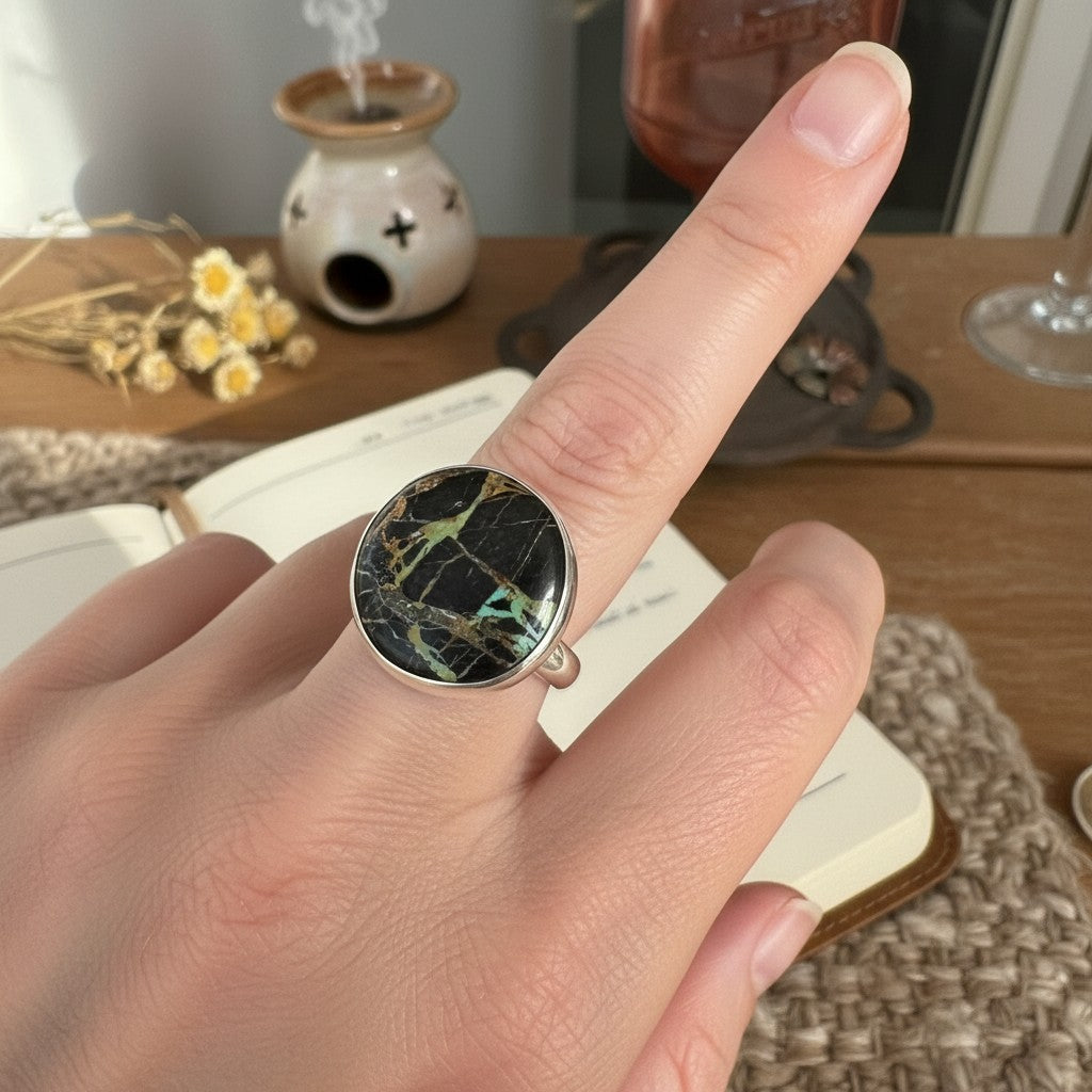 Wildflower Artisans sterling silver ring featuring a large round Black Jack turquoise cabochon with black matrix.