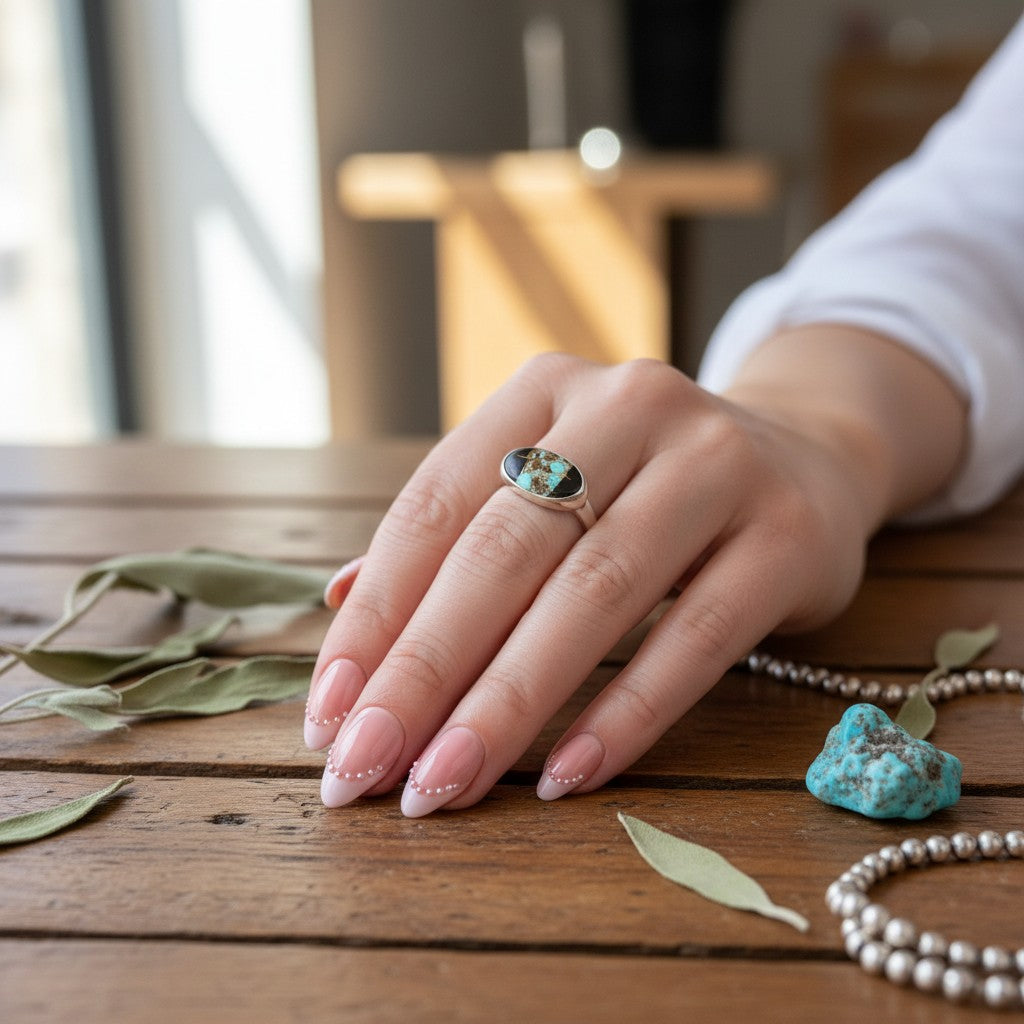 Wildflower Artisans sterling silver ring featuring a Black Jack turquoise stone with bold black matrix on a woman's hand
