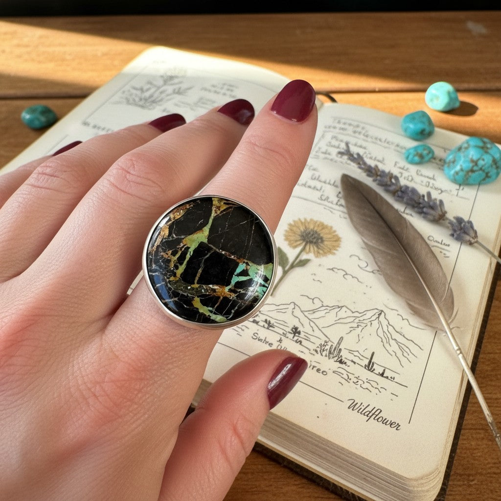 Wildflower Artisans sterling silver ring featuring a large round Black Jack turquoise cabochon with bold black matrix.