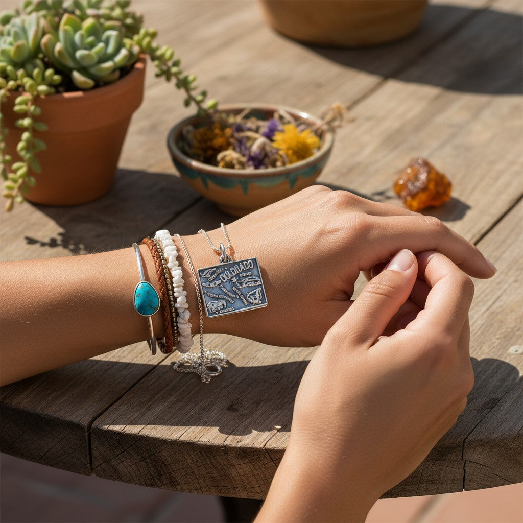Wildflower Artisans sterling silver Colorado state map charm worn on a silver chain alongside a turquoise cuff bracelet.