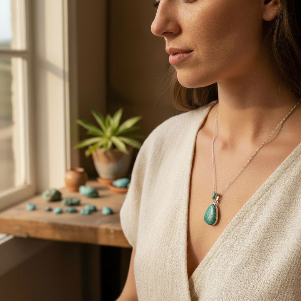 Wildflower Artisans Martinez Fox turquoise teardrop pendant in sterling silver worn by a woman in a cream top