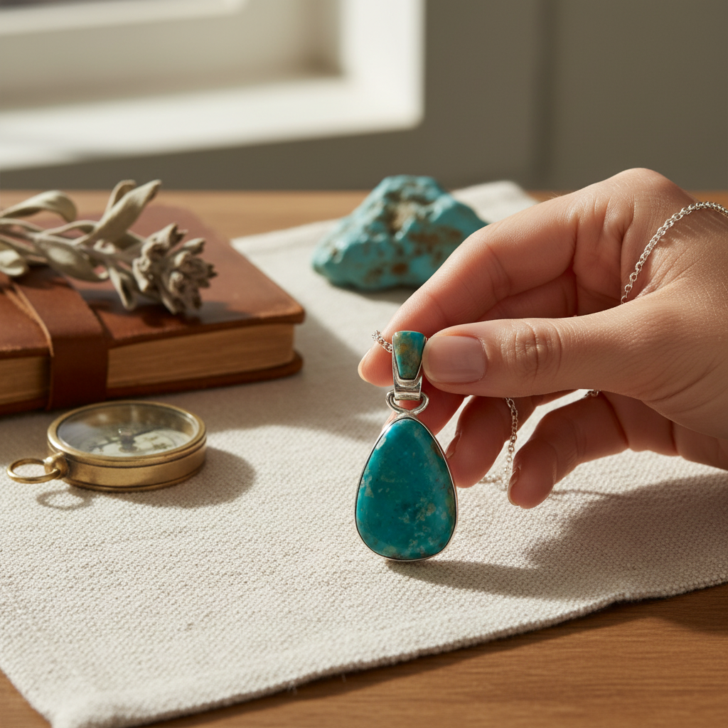Wildflower Artisans sterling silver teardrop pendant featuring a deep teal Fox turquoise stone held in a hand.