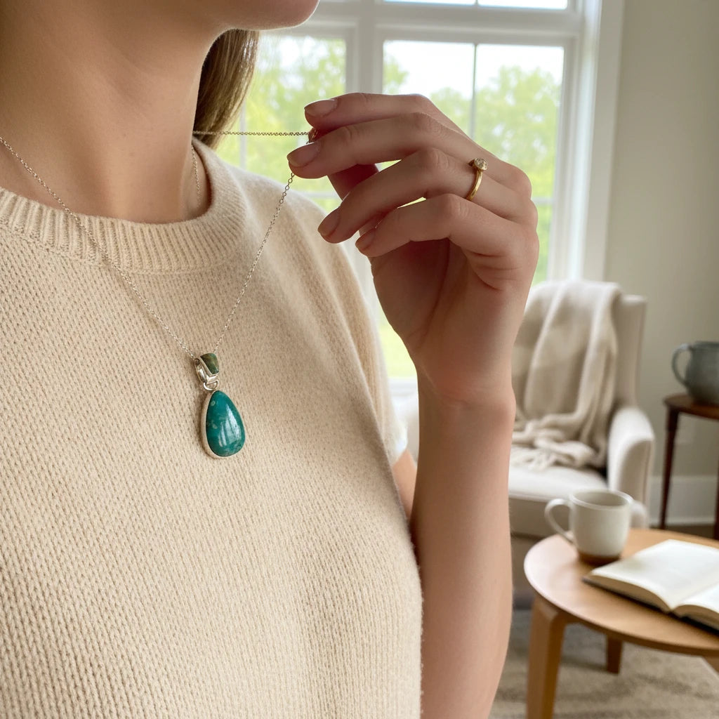 Wildflower Artisans Martinez Fox turquoise teardrop pendant in sterling silver worn on a chain by a woman