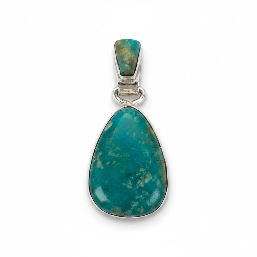 Wildflower Artisans Martinez Fox turquoise teardrop pendant in sterling silver with a matching stone set in the bail.