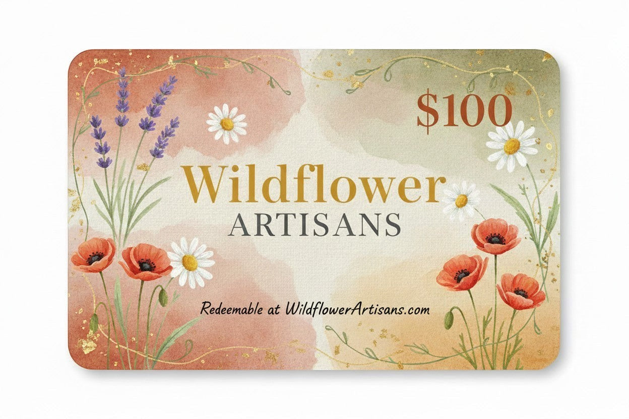 Wildflower Artisans $100 gift card with watercolor floral design of poppies and lavender.