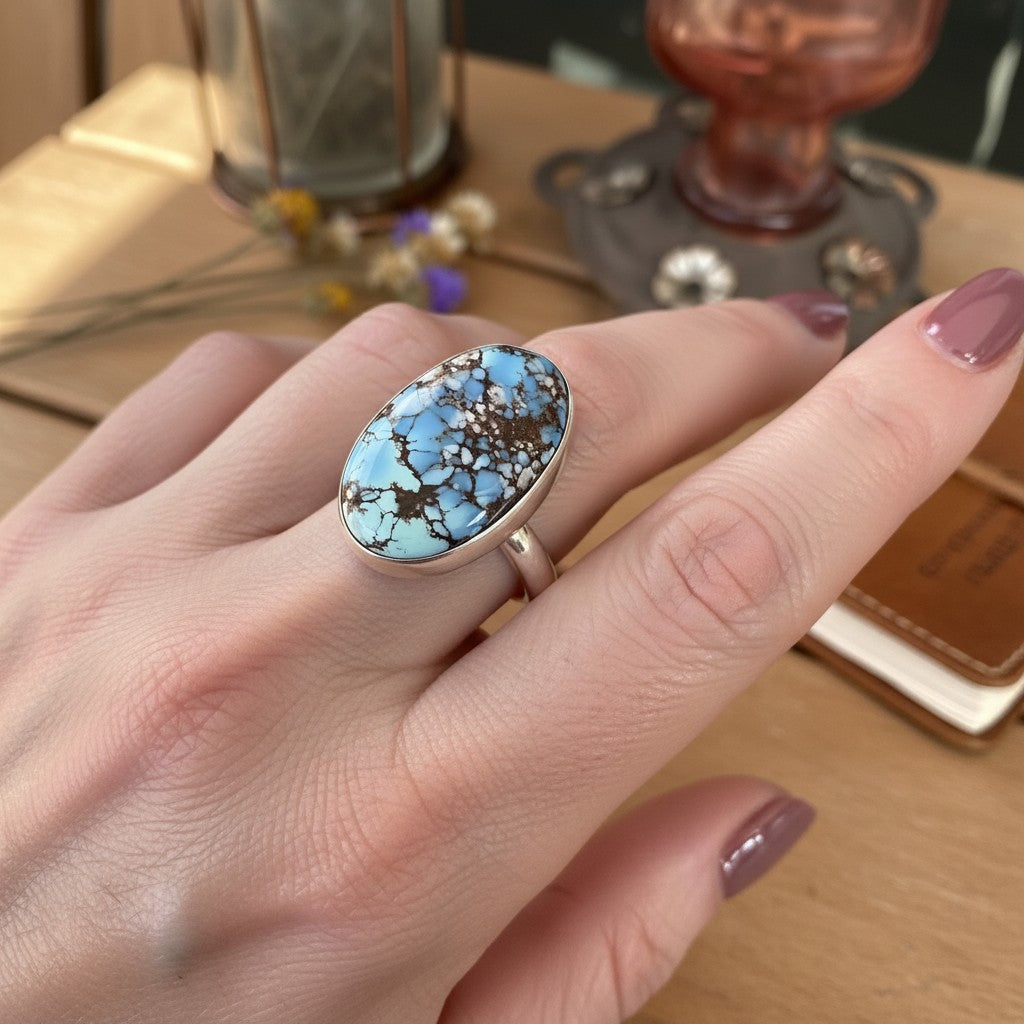 Wildflower Artisans oval Golden Hills turquoise ring in sterling silver bezel setting worn on a woman's finger.