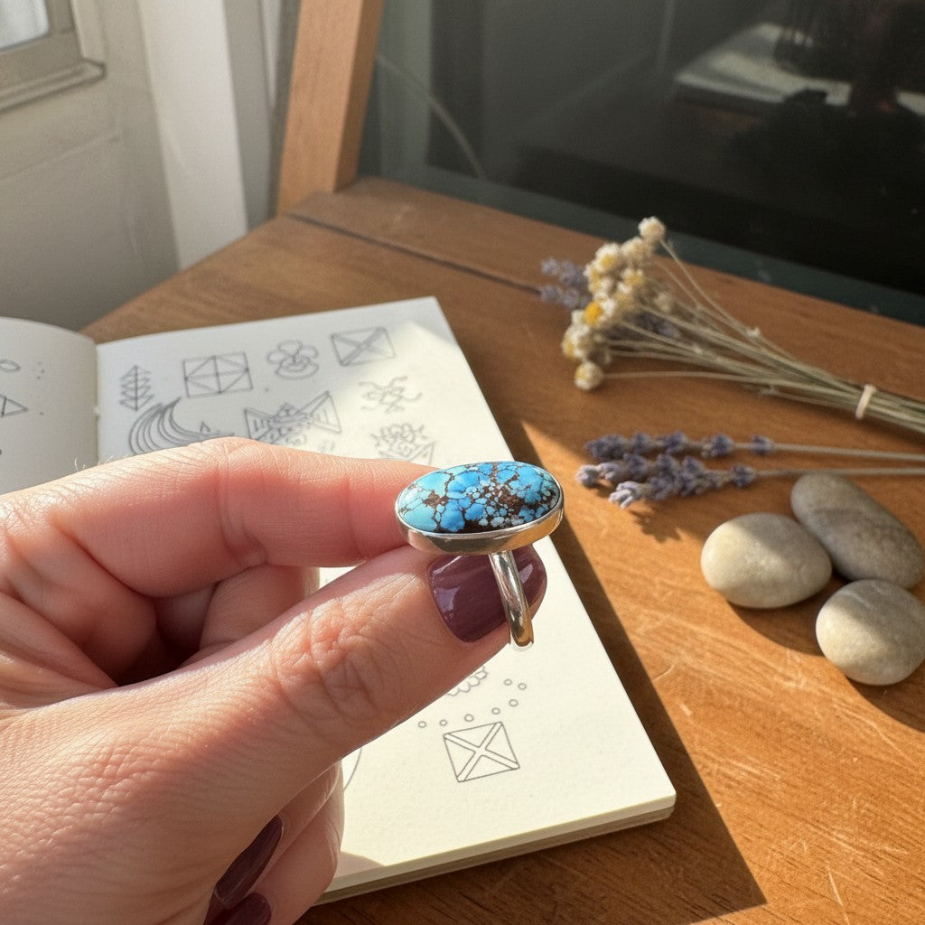 Wildflower Artisans sterling silver ring featuring a 10 carat oval Golden Hills turquoise cabochon with brown matrix.