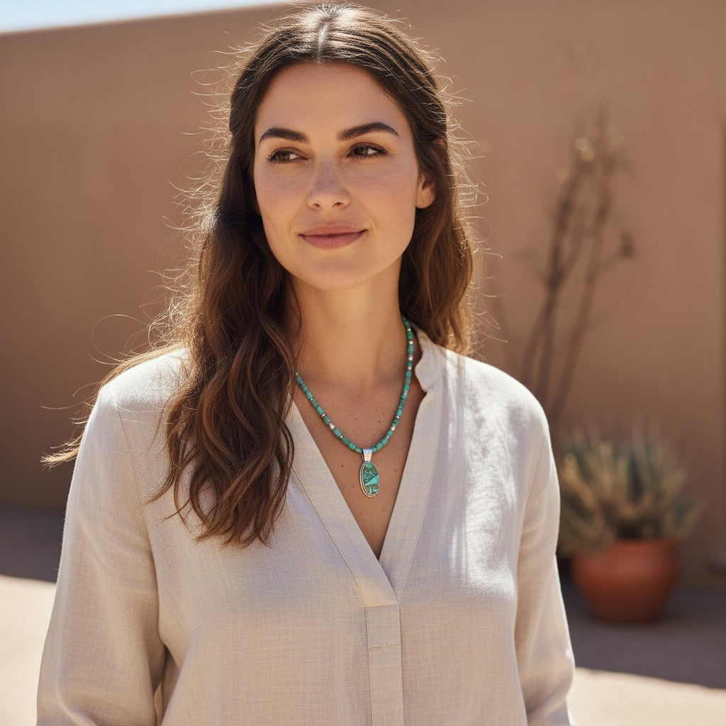 Woman wearing a Wildflower Artisans green turquoise inlay pendant and matching necklace in a Southwestern setting.