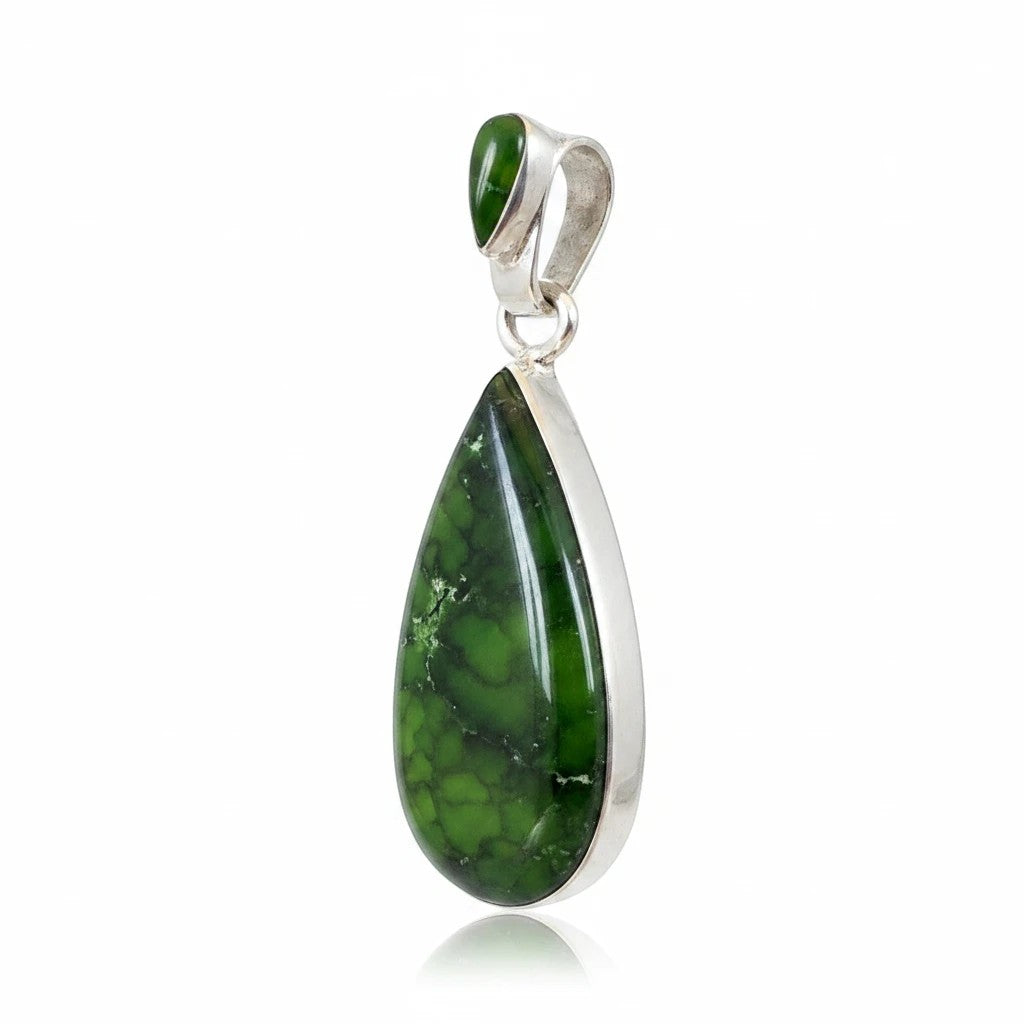 Wildflower Artisans Martinez Sonoran Mountain green turquoise teardrop pendant set in polished sterling silver