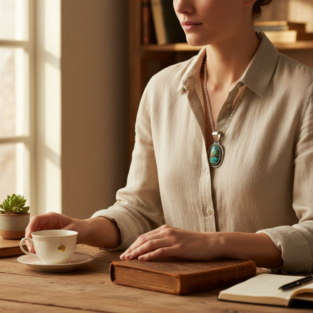 Wildflower Artisans Kingman Red Web turquoise pendant and oval stud earrings set on a woman in a linen shirt