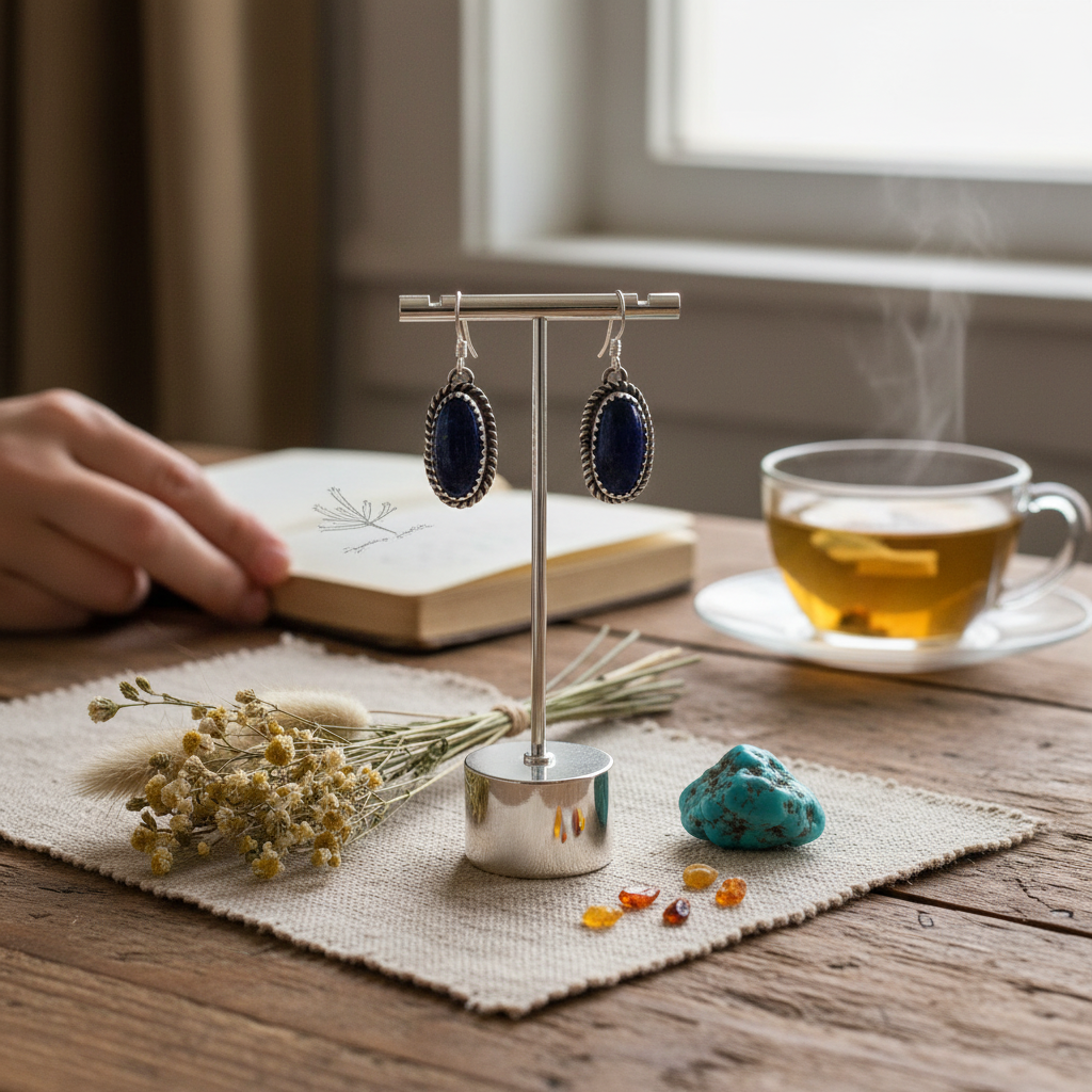 Wildflower Artisans oval lapis lazuli earrings in sterling silver with twisted rope bezel on a display stand