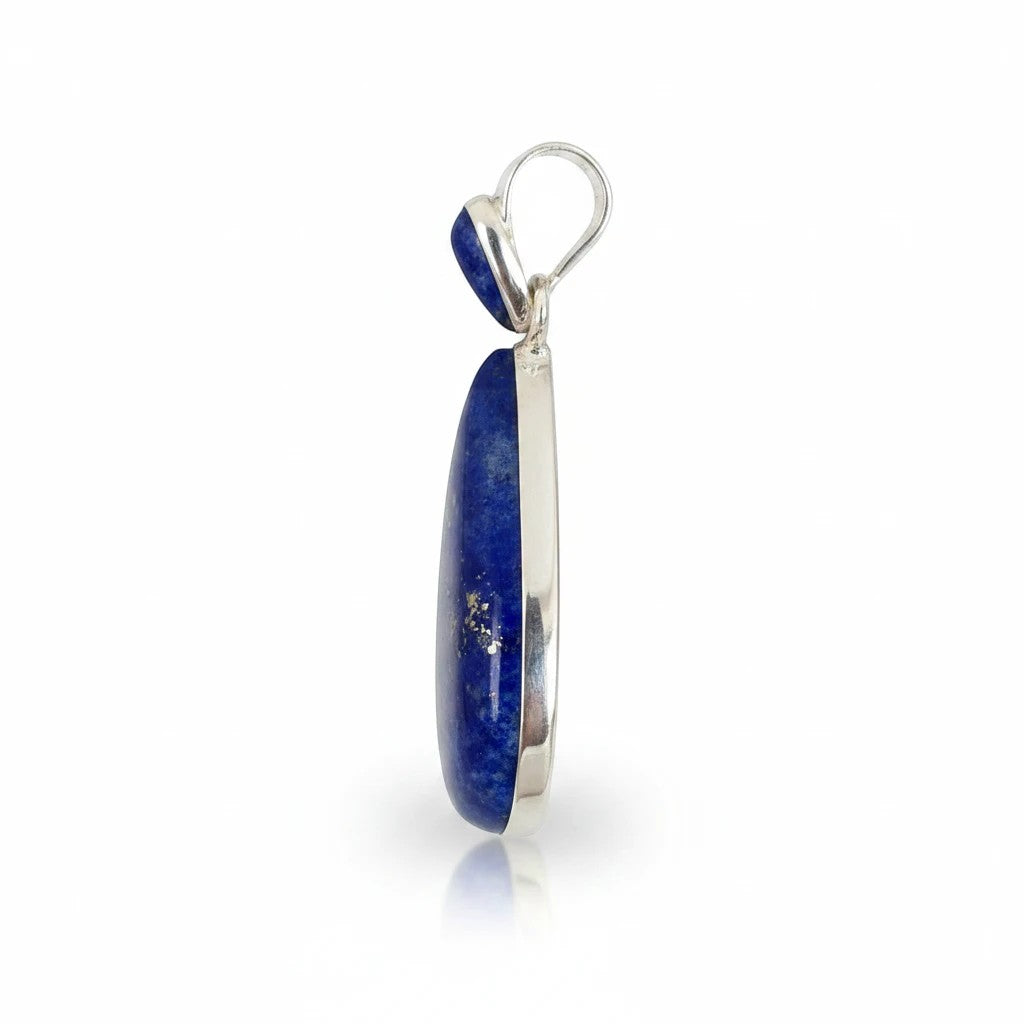 Wildflower Artisans teardrop lapis lazuli pendant with pyrite inclusions set in polished sterling silver side view