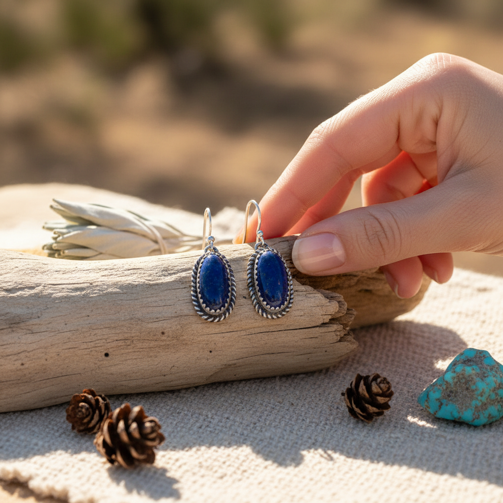 Wildflower Artisans oval lapis lazuli earrings in sterling silver with twisted rope bezel held by a hand.