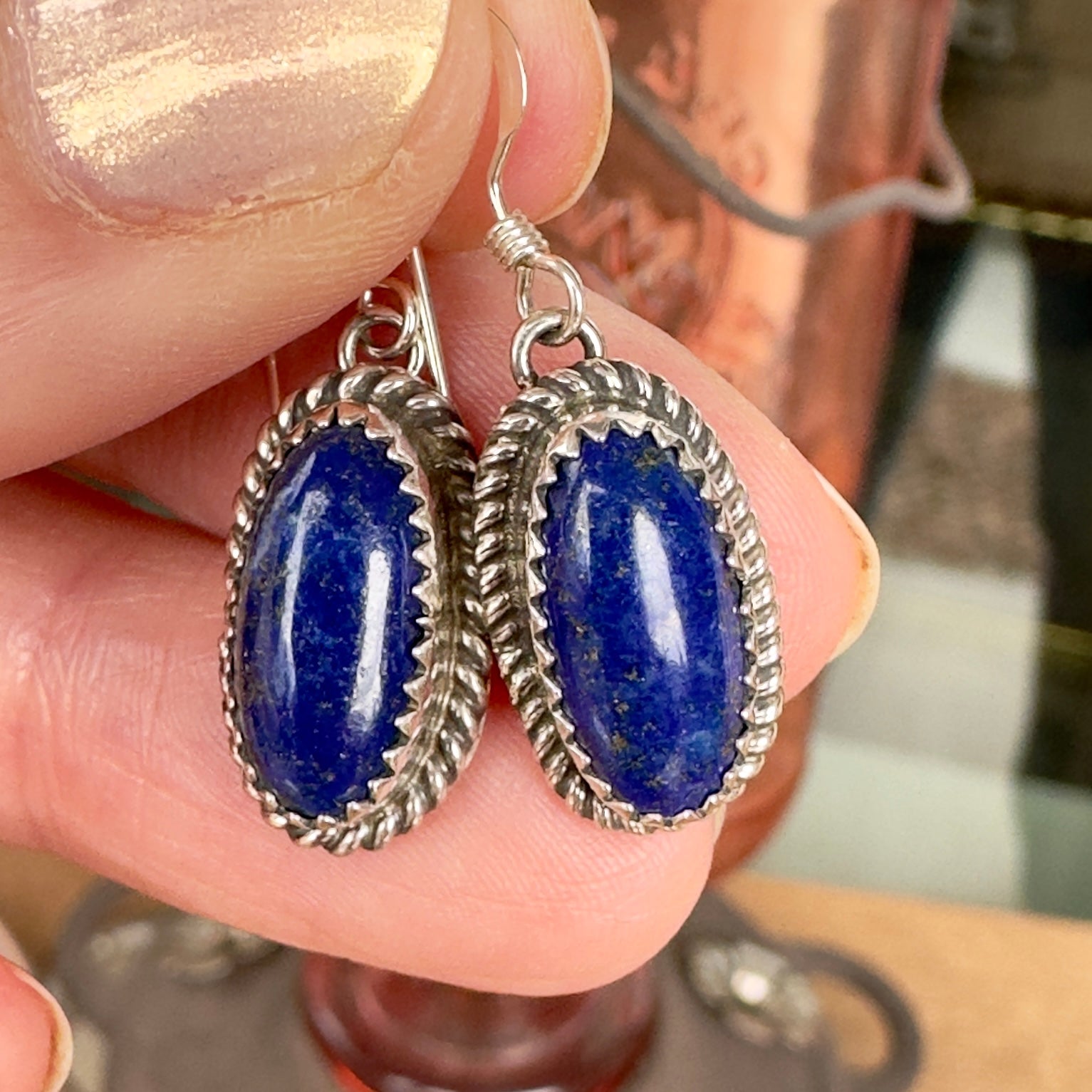 Wildflower Artisans oval lapis lazuli earrings in sterling silver with a handcrafted twisted rope and sawtooth bezel