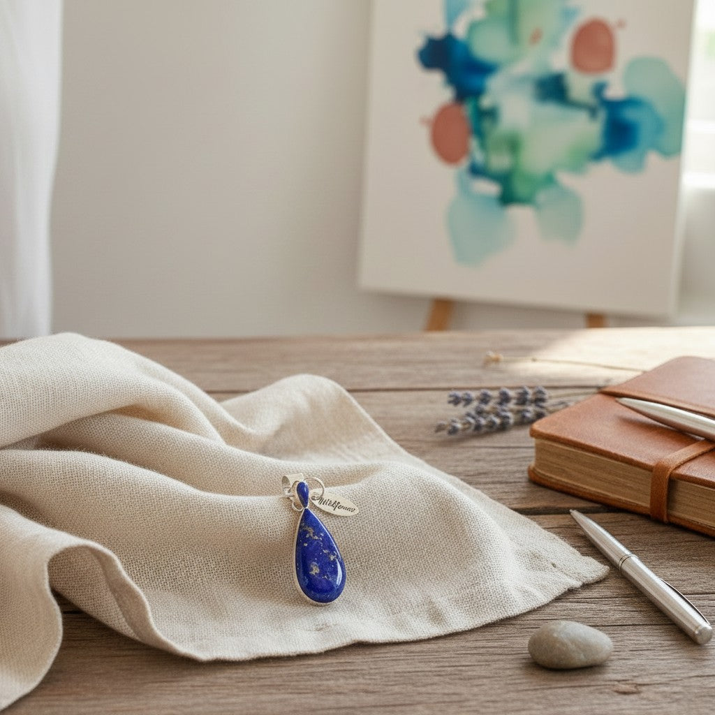 Wildflower Artisans teardrop lapis lazuli pendant with pyrite flecks set in sterling silver on a linen cloth