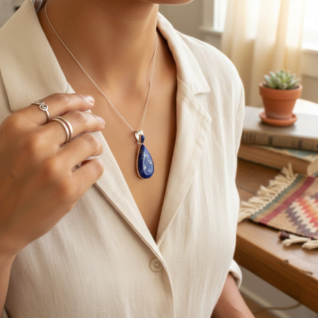 Wildflower Artisans Martinez lapis lazuli teardrop pendant with pyrite inclusions set in polished sterling silver