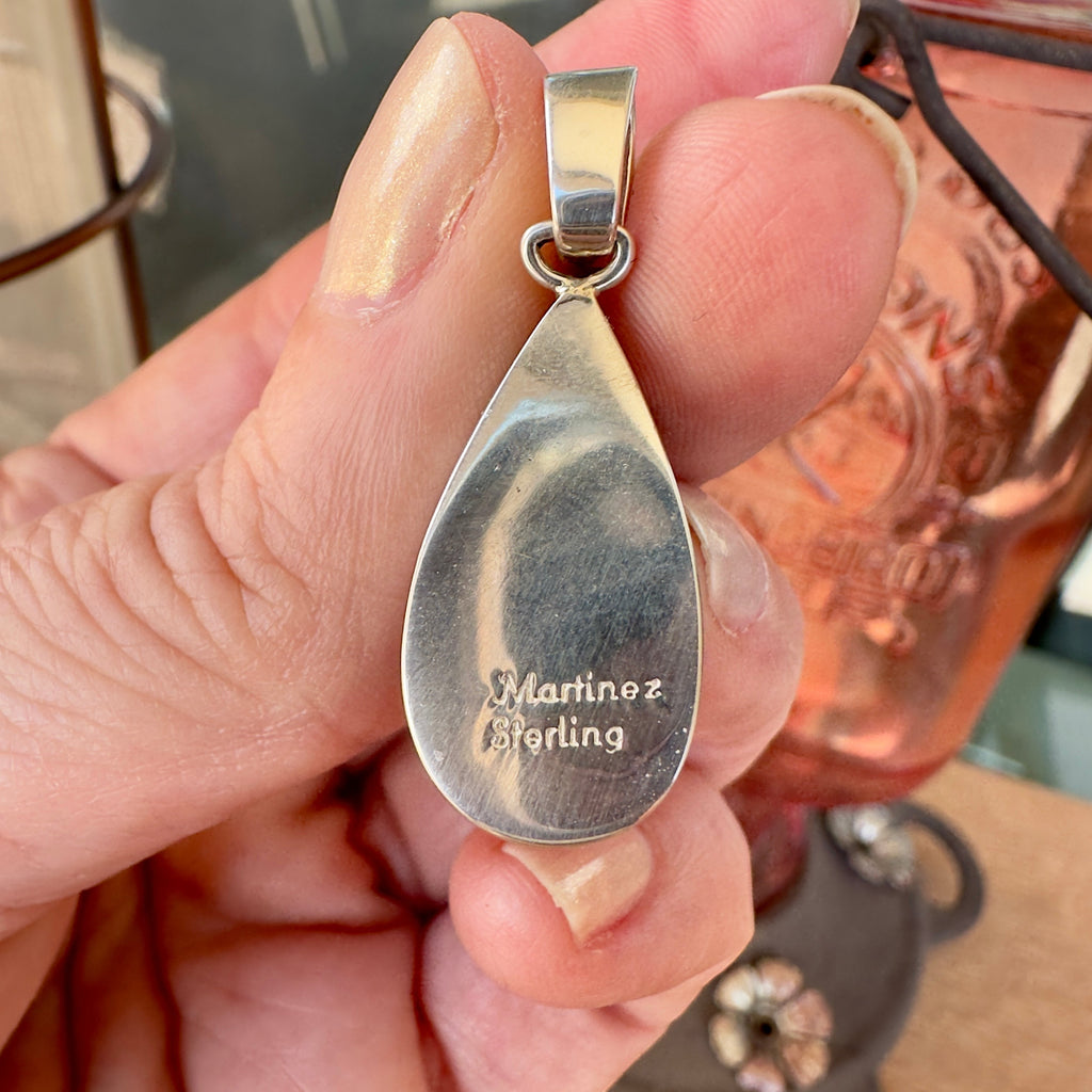 Wildflower Artisans Martinez sterling silver teardrop pendant back view showing hallmark engraving