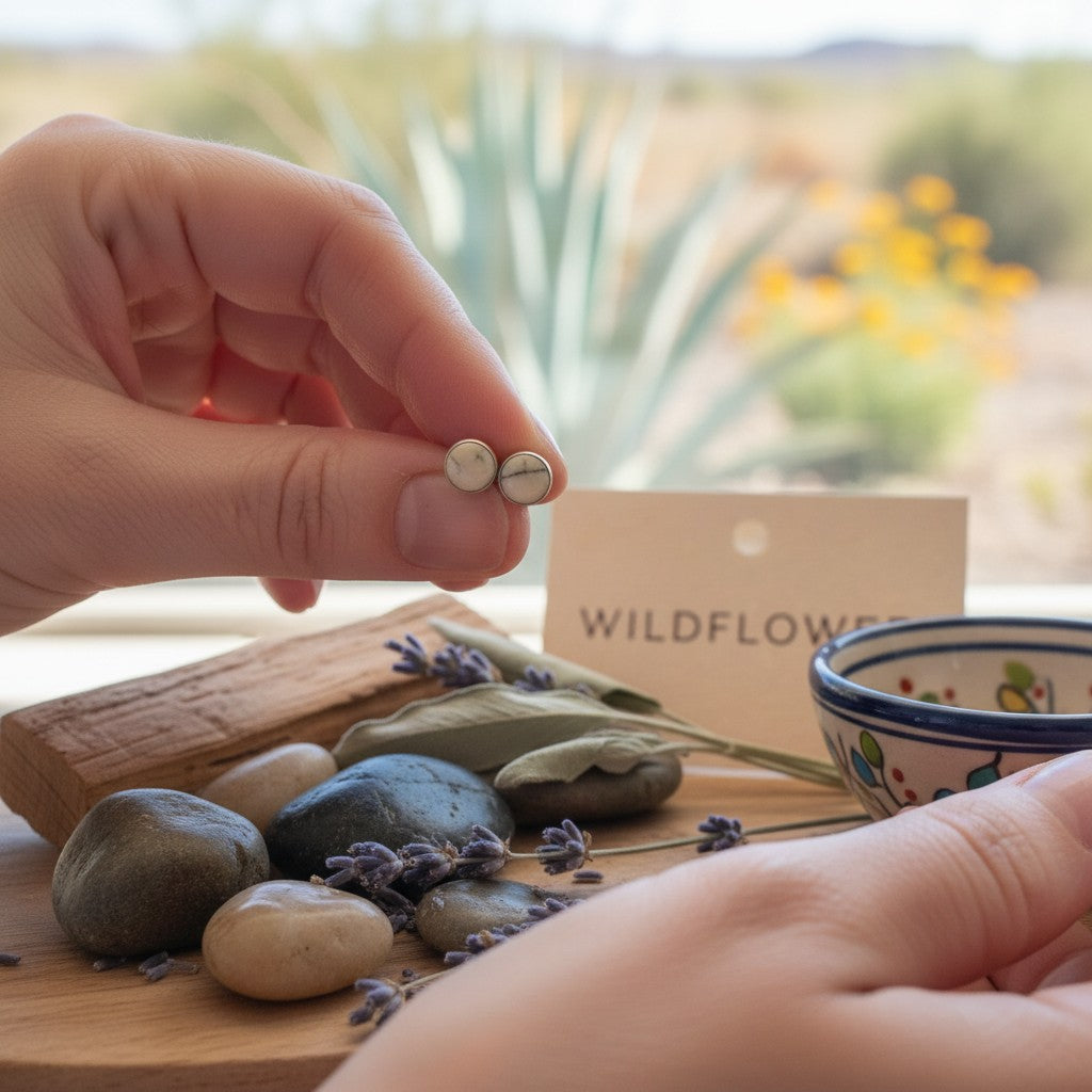 Wildflower Artisans round mother of pearl stud earrings in sterling silver held by hand against a desert backdrop.