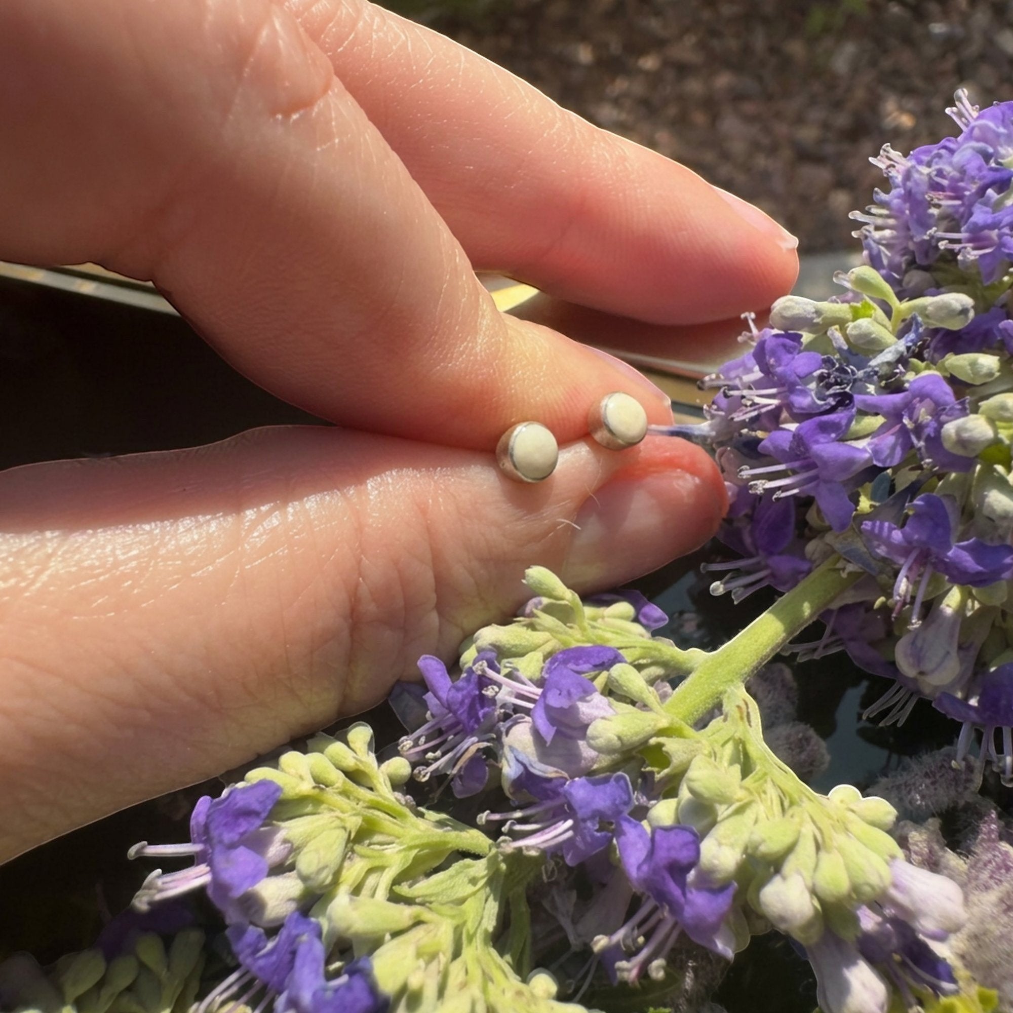 Wildflower Artisans round mother of pearl stud earrings in sterling silver held between fingers near purple flowers