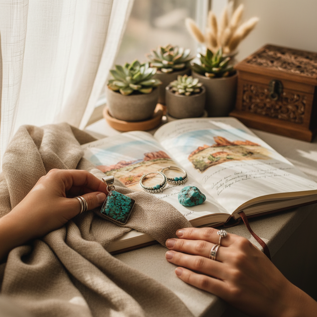 Wildflower Artisans Martinez Number 8 spiderweb turquoise pendant in sterling silver held by hand near a journal.