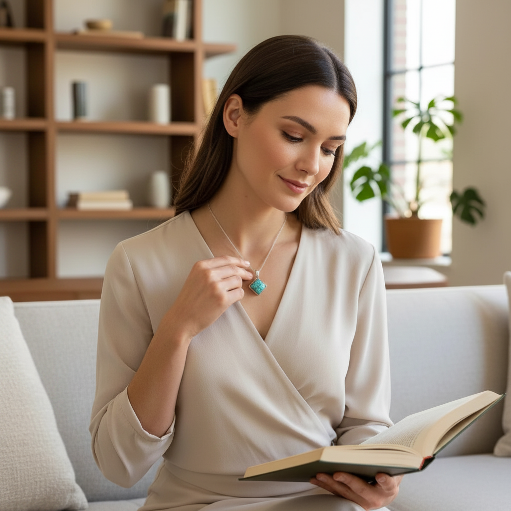 Wildflower Artisans Martinez Number 8 spiderweb turquoise pendant in sterling silver worn by a woman reading a book.