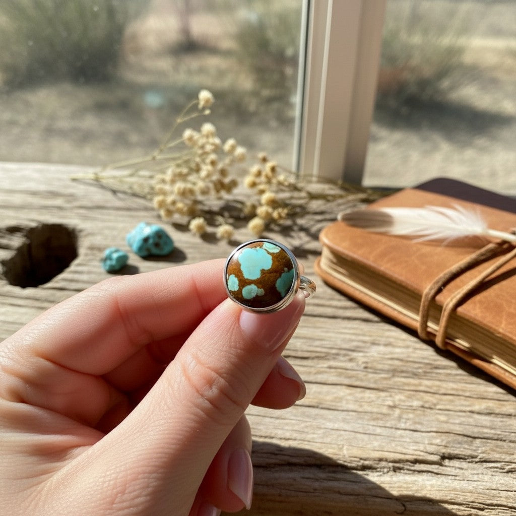Wildflower Artisans sterling silver ring featuring a round Number 8 turquoise stone with golden-brown spiderweb matrix.