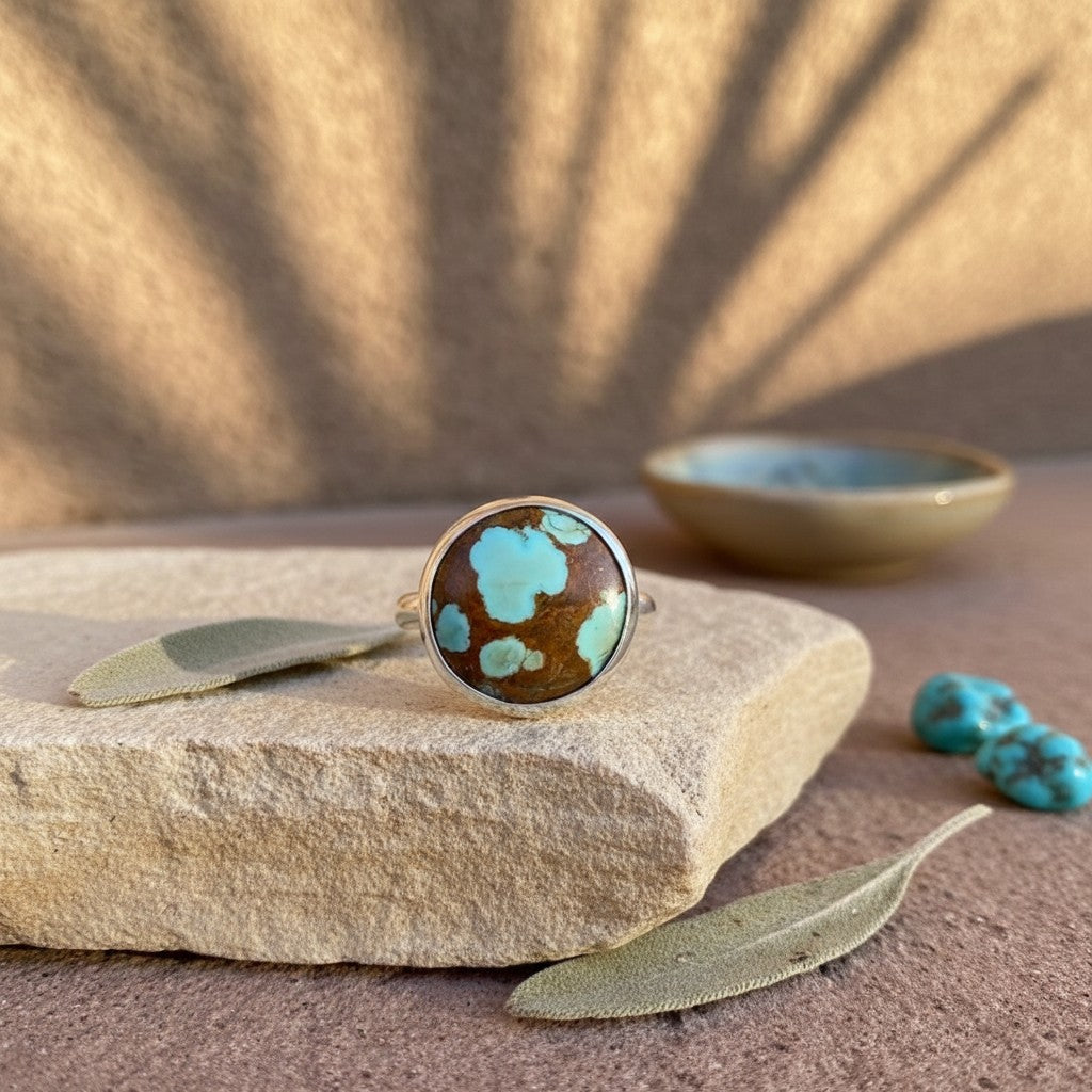 Wildflower Artisans sterling silver ring featuring a rare Number 8 turquoise stone with golden-brown spiderweb matrix.