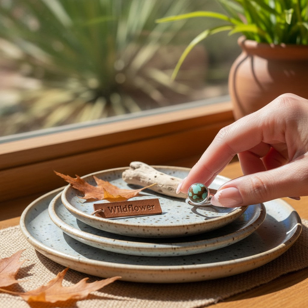 Wildflower Artisans sterling silver ring featuring a rare Number 8 turquoise stone with golden-brown spiderweb matrix.