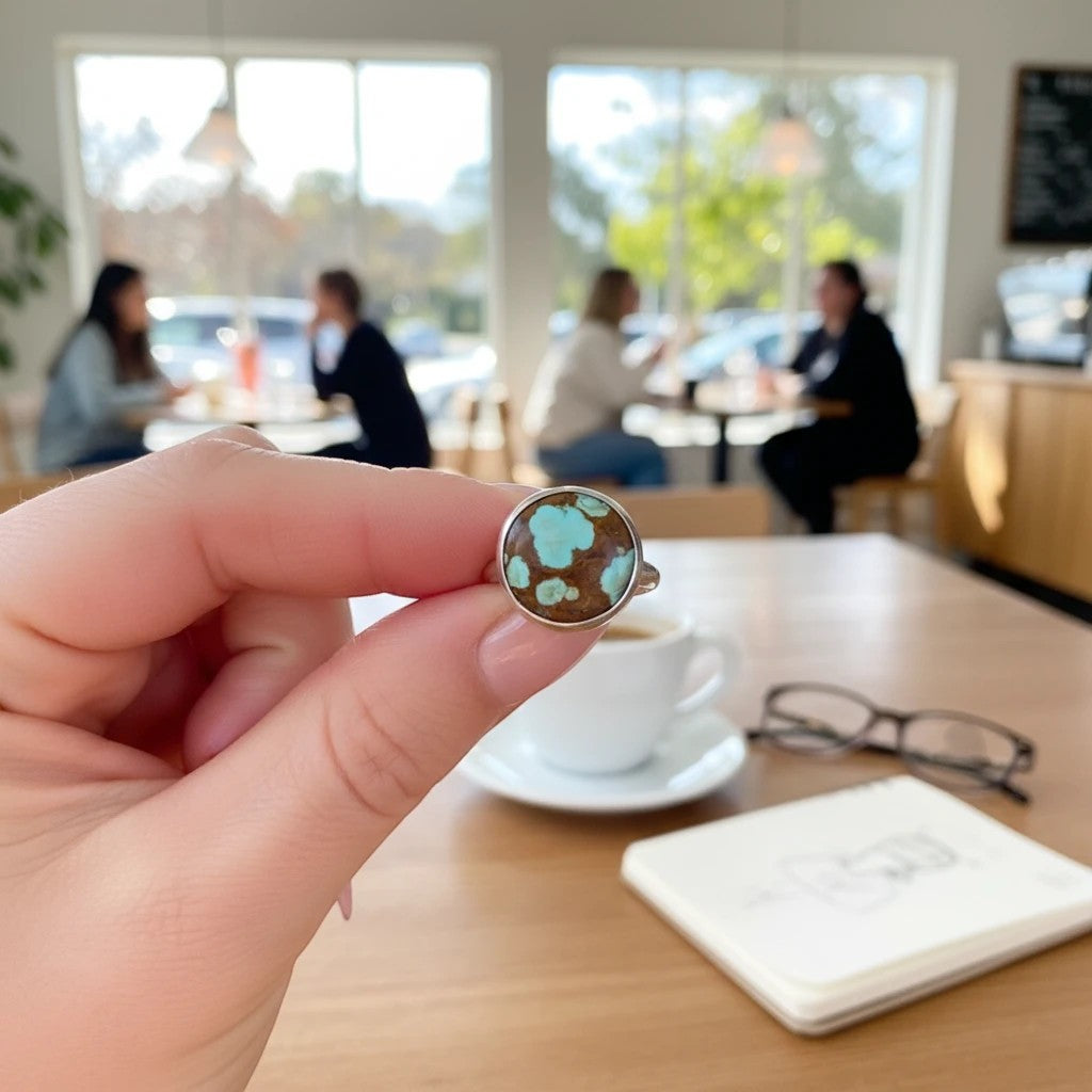 Wildflower Artisans sterling silver ring featuring a rare Number 8 turquoise stone with golden-brown spiderweb matrix.