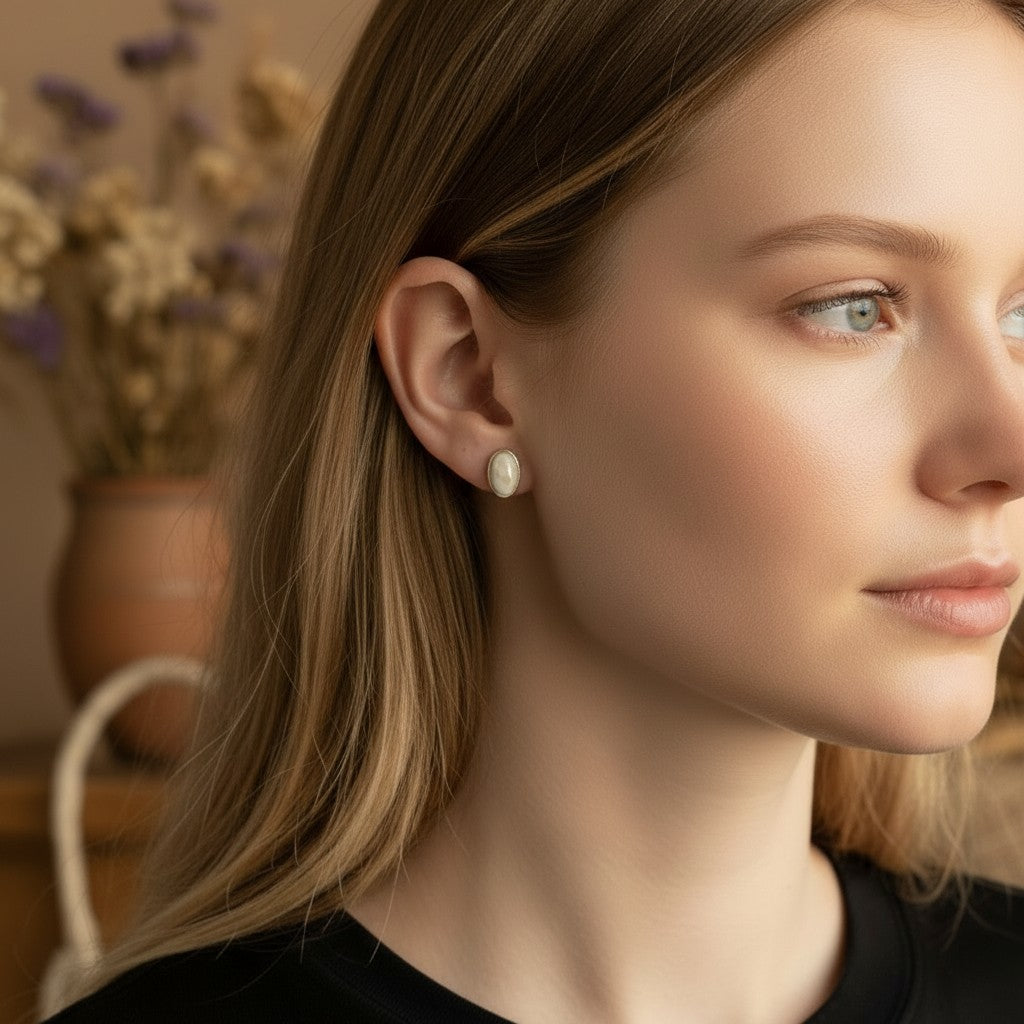 Wildflower Artisans oval mother of pearl stud earrings in sterling silver worn by a woman with blonde hair.
