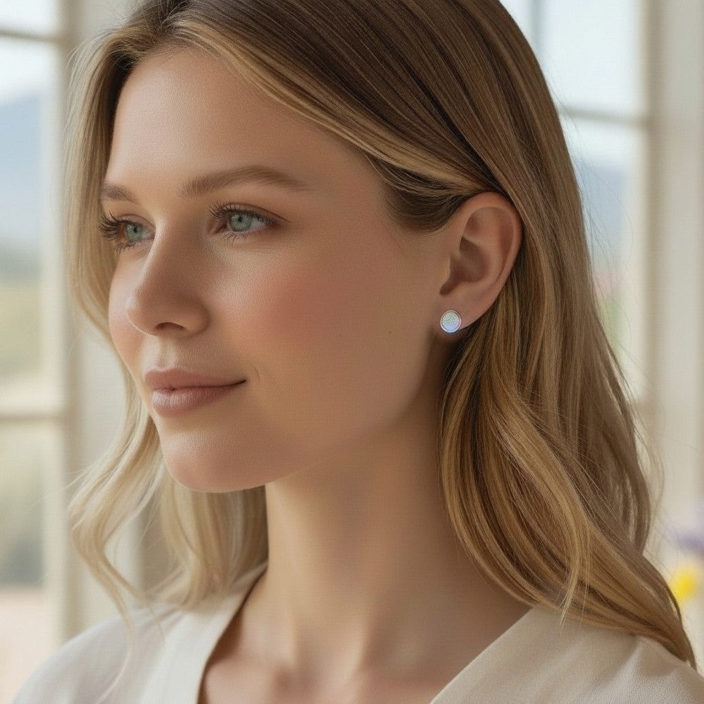 Wildflower Artisans cream mother of pearl oval stud earrings in sterling silver worn by a blonde woman
