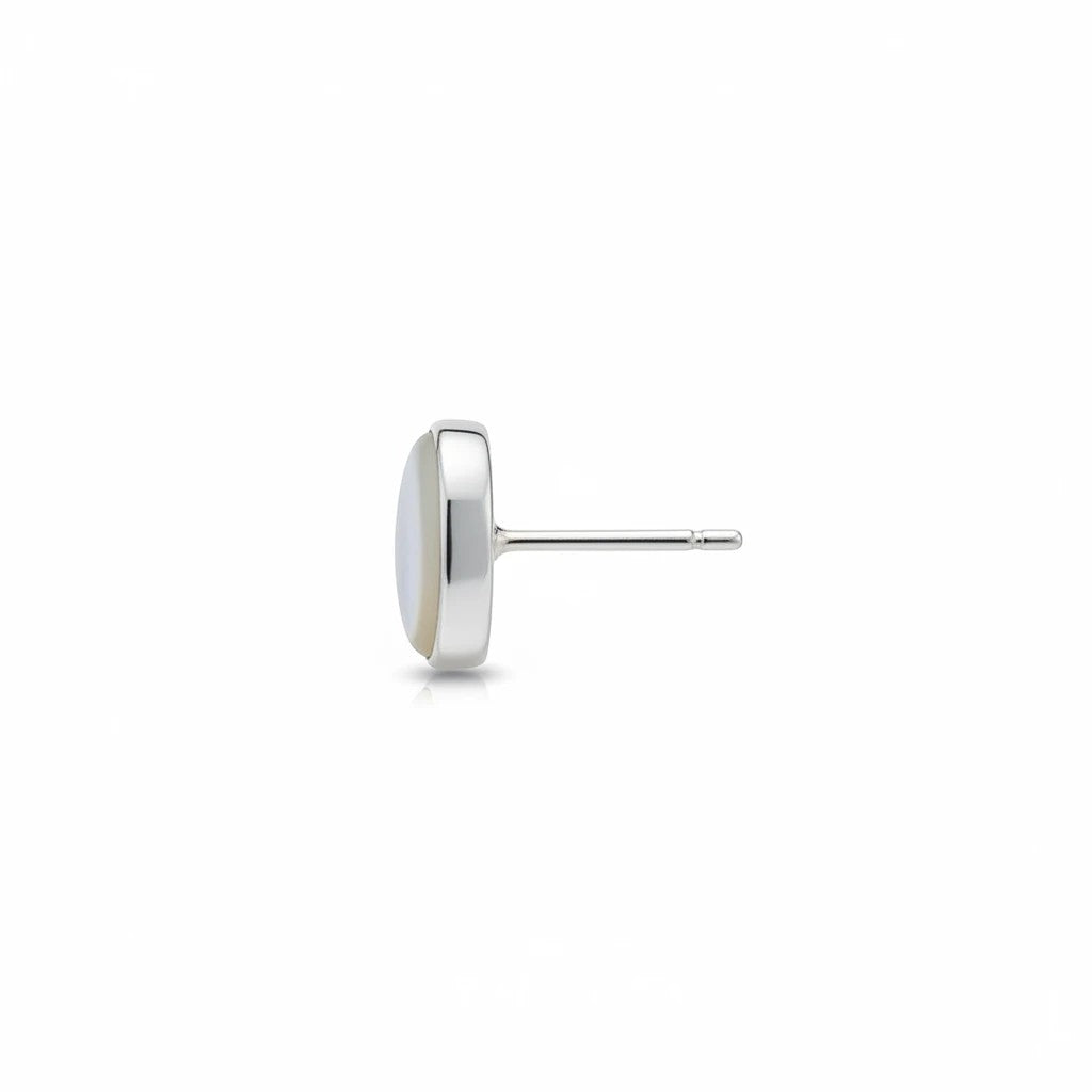 Wildflower Artisans oval opal stud earring in a sterling silver bezel setting, side profile view.