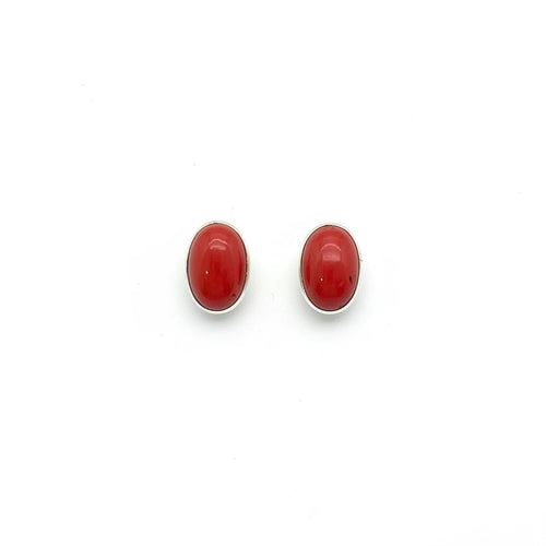 Wildflower Artisans oval spiny oyster stud earrings featuring red-orange cabochons set in polished sterling silver.