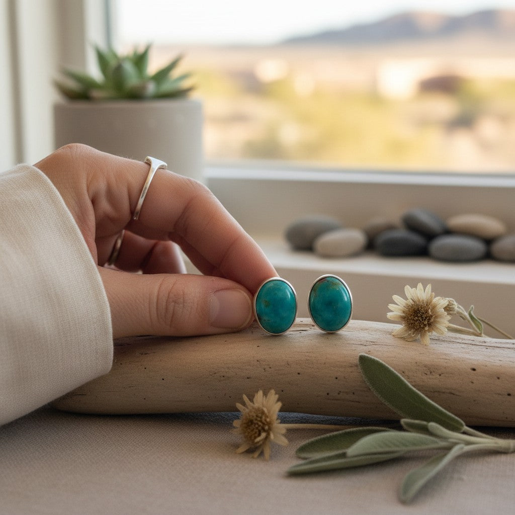 Wildflower Artisans oval turquoise stud earrings, 10mm, sterling silver setting. One of a kind.