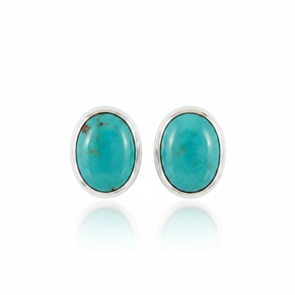 Wildflower Artisans oval turquoise stud earrings, 10mm, sterling silver setting, one of a kind.
