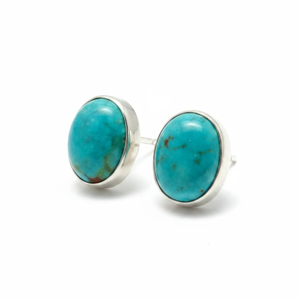 Wildflower Artisans oval turquoise stud earrings, 10mm, sterling silver setting. One of a kind.