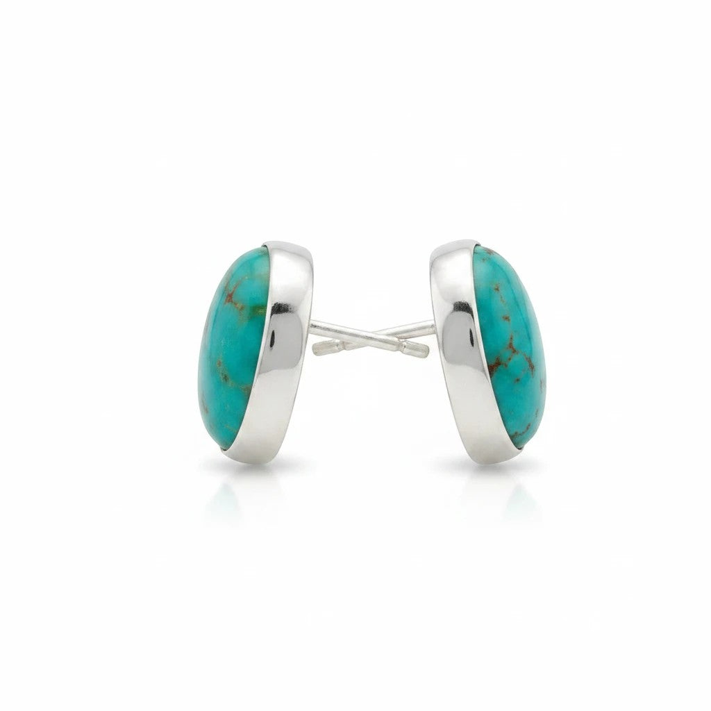 Wildflower Artisans oval turquoise stud earrings, 10mm, set in sterling silver with natural matrix detail.