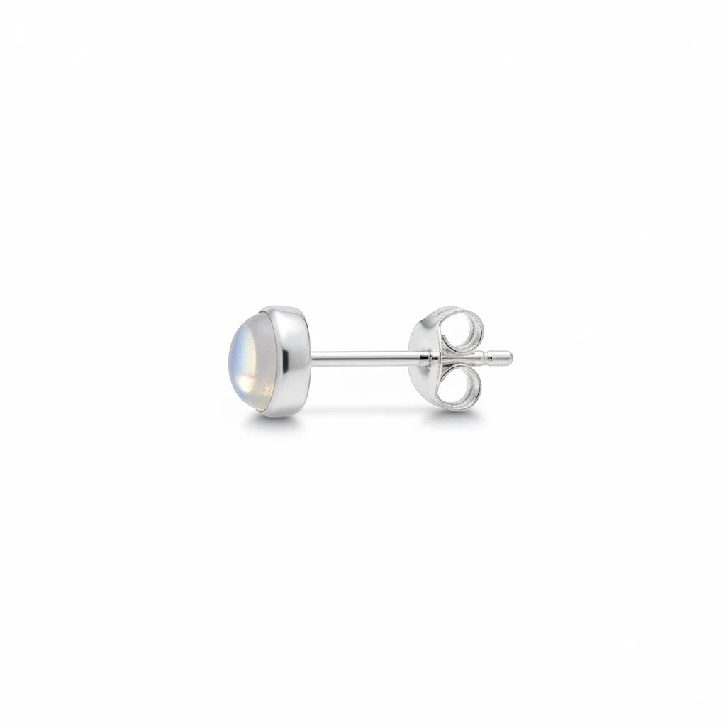 Wildflower Artisans round opal stud earrings in a sterling silver bezel setting, shown from a side profile view.