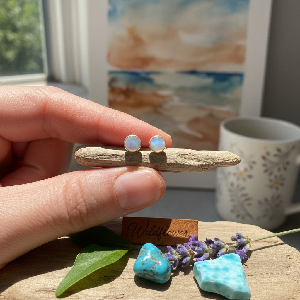 Wildflower Artisans round opal stud earrings in sterling silver bezels held on a piece of driftwood.